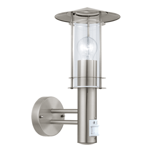Lisio væglampe med sensor i Rustfri Stål med klar glasskærm, MAX 60W E27, bredde 17,5 cm, dybde 22,5 cm, højde 36 cm.